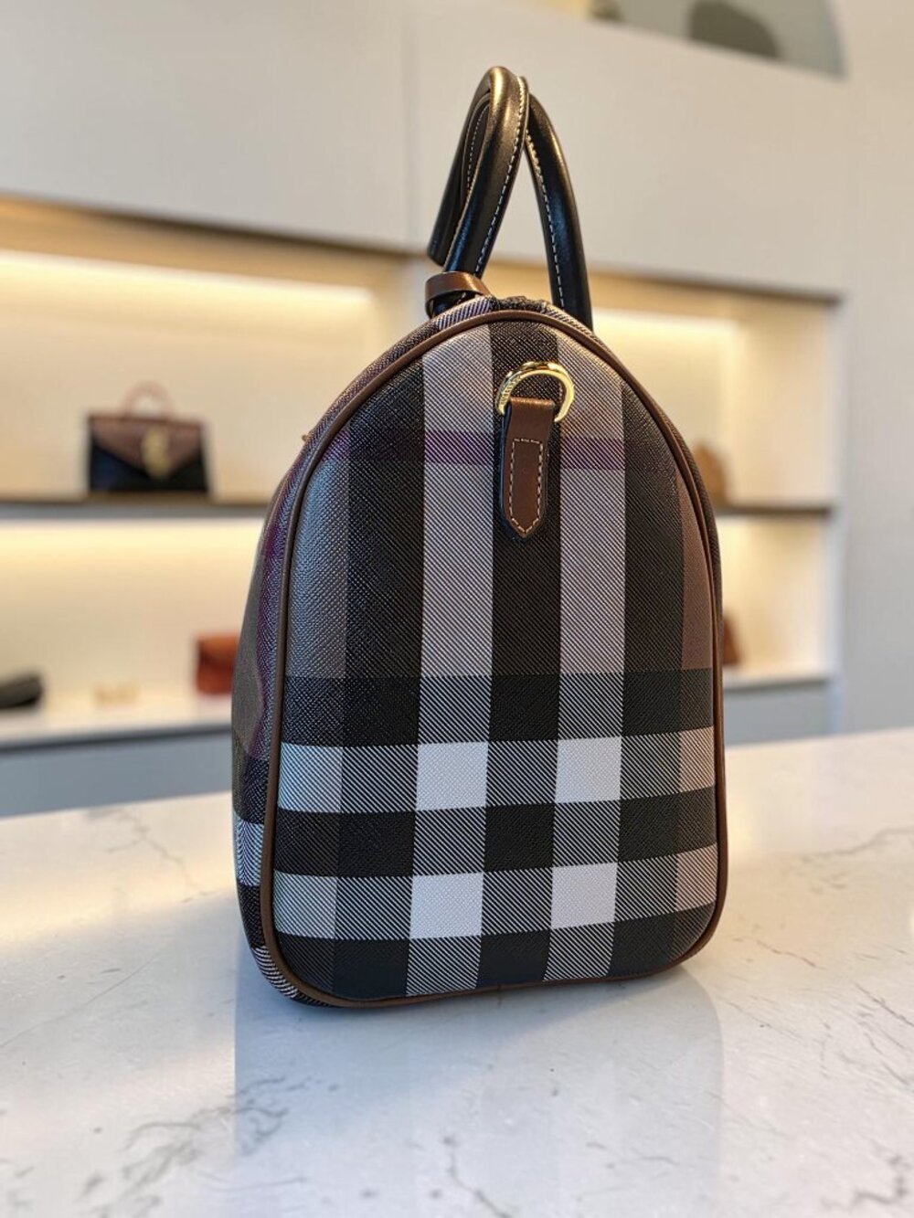 Boston-Style Satchel in Brown and Black Check NWOT - Picture 6 of 9
